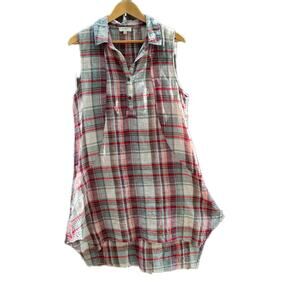 Umgee USA Cotton Plaid Sleeveless Button Down Collared Shirt Dress High Low Med
